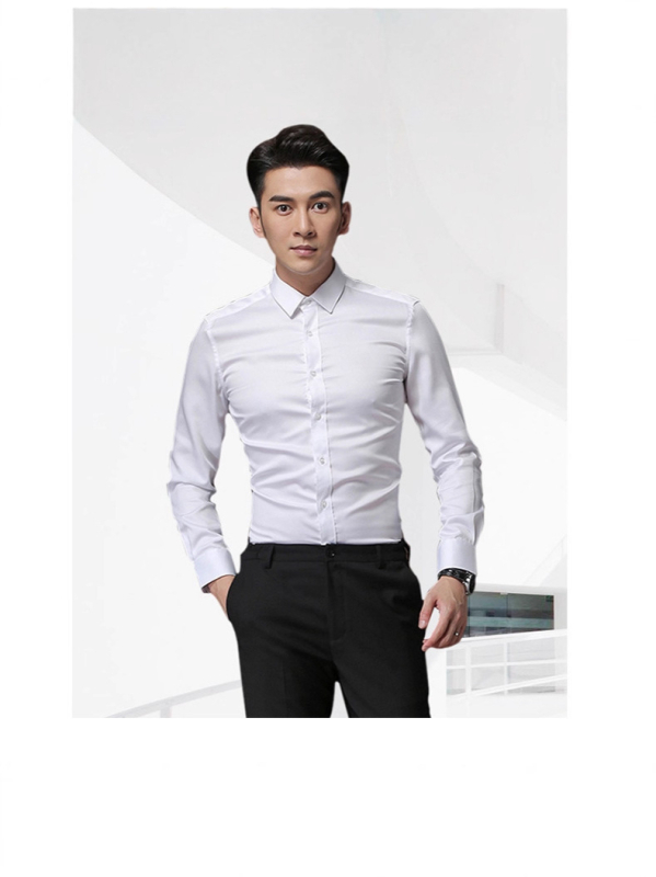 Férfi hosszú ujjú vasalásmentes slim-fit ing, zsebek nélkül, elasztikus, Turn-Down gallér