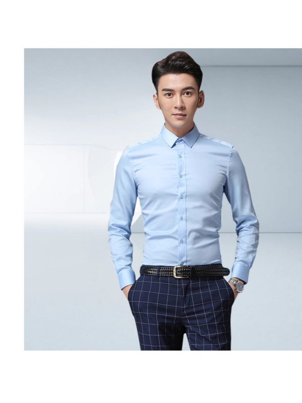 Férfi hosszú ujjú vasalásmentes slim-fit ing, zsebek nélkül, elasztikus, Turn-Down gallér