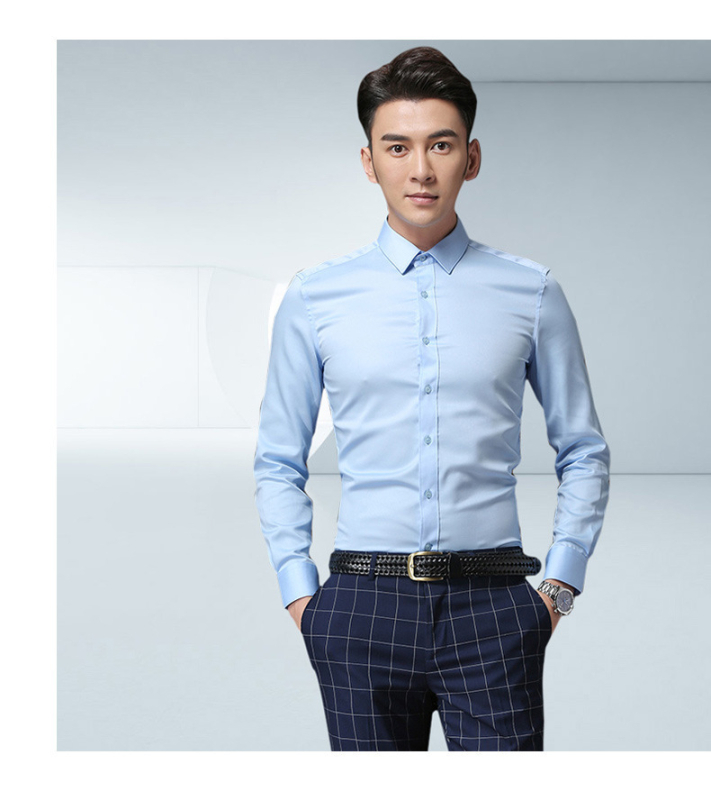 Férfi hosszú ujjú vasalásmentes slim-fit ing, zsebek nélkül, elasztikus, Turn-Down gallér