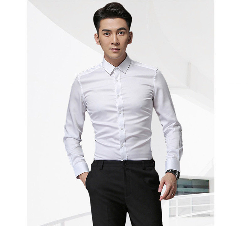 Férfi hosszú ujjú vasalásmentes slim-fit ing, zsebek nélkül, elasztikus, Turn-Down gallér