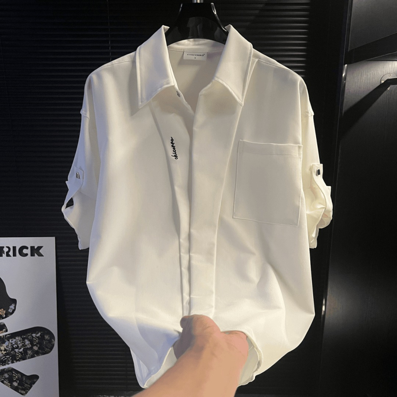Férfi slim-fit nyári ing, fehér, rövid ujjú, casual elegáns stílus, koreai dizájn