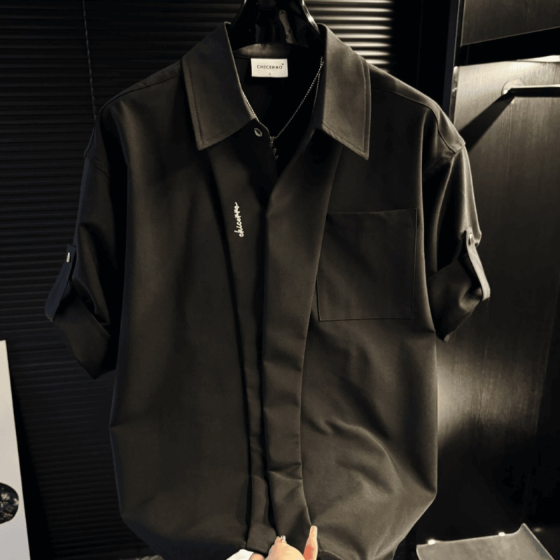 Férfi slim-fit nyári ing, fehér, rövid ujjú, casual elegáns stílus, koreai dizájn