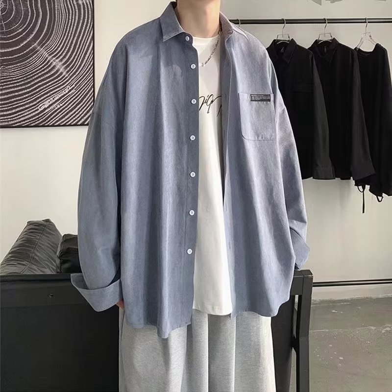 Muška košulja s dugim rukavima za proljeće i jesen, jednostavan umjetnički dizajn, hongkonški stil, opuštena casual silueta, ulična hip-hop moda