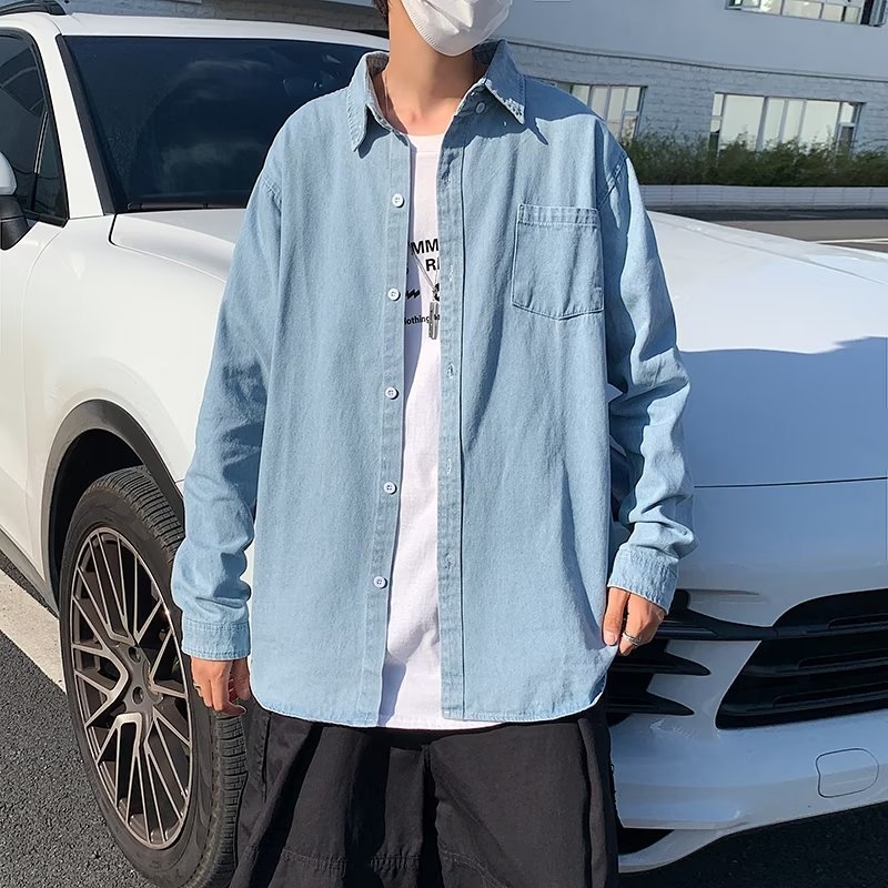 Muška džins košulja u korejskom stilu, slim-fit, duge rukave, japanski minimalistički dizajn za početak jeseni