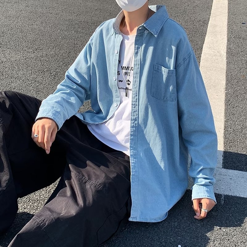 Muška džins košulja u korejskom stilu, slim-fit, duge rukave, japanski minimalistički dizajn za početak jeseni