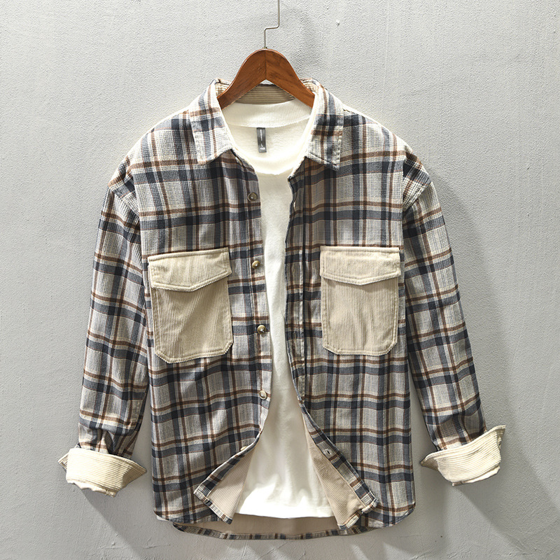 Z163 Őszi-téli férfi casual kockás patchwork hosszú ujjú ingdzseki