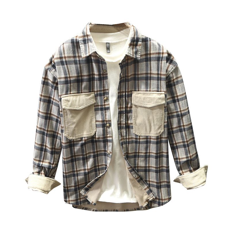 Z163 Őszi-téli férfi casual kockás patchwork hosszú ujjú ingdzseki