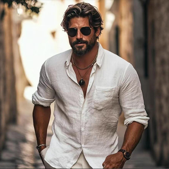 Ανδρικό μακρυμάνικο πουκάμισο με γιακά λαπέλ και τσέπη στο στήθος, διαπνέον ύφασμα, Άνοιξη-Φθινόπωρο 2025