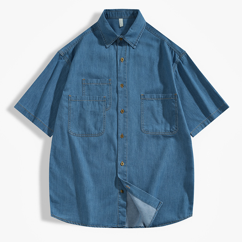 Férfi denim munkaruha rövid ujjú ing, bő szabás, nyár 2025, amerikai stílus