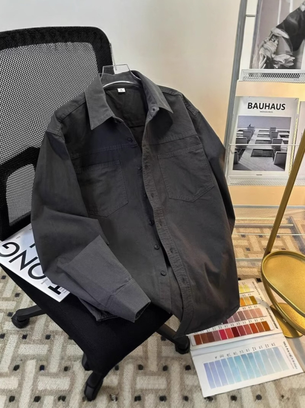 Muška košulja s dugim rukavima, bez glačanja, otporna na nabiranje, široki kroj, jednobojna, rever, casual