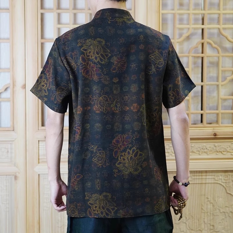 Muška košulja Xiangyun svile, stojeći ovratnik i prednje kopčanje – 100% svila, otisak lotosa, kineski stil