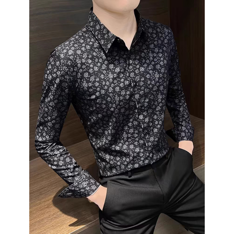Muška košulja s dugim rukavima, cvjetni otisak, proljetno-jesenski stil, bez glačanja, slim fit, casual luksuzna košulja s cvjetnim uzorkom