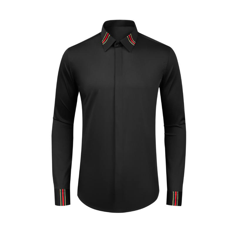 Muška slim-fit košulja s crvenim panelima, od recikliranih vlakana, prozračna, UV-otporna, dugi rukavi, oštar ovratnik.