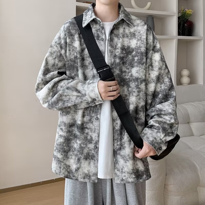Košulja od korduroja s tie-dye printom za muškarce, dugi rukavi, opuštenog kroja, japanski retro stil, radna košulja