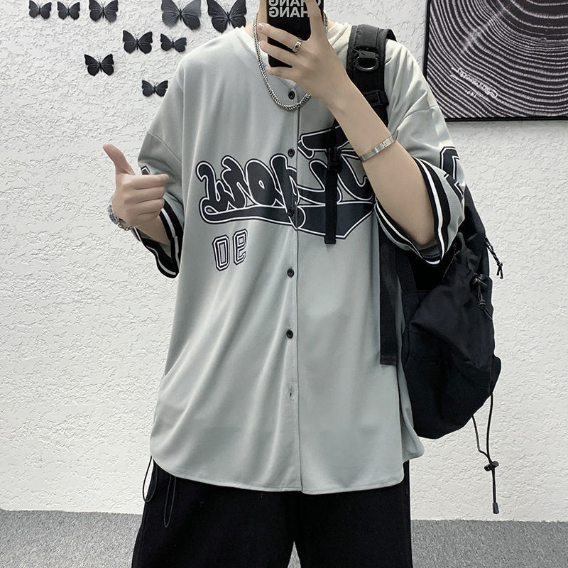 Muška lagana ljetna košulica s kratkim rukavima, prugasti uzorak, inspiracija Hong Kong i Japan, opušteni kroj, hip-hop kardigan-baseball stil