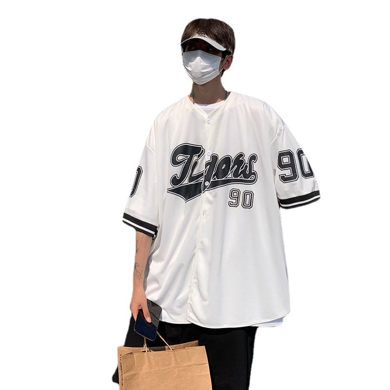 Muška lagana ljetna košulica s kratkim rukavima, prugasti uzorak, inspiracija Hong Kong i Japan, opušteni kroj, hip-hop kardigan-baseball stil