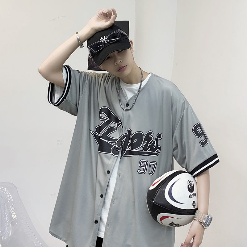 Muška lagana ljetna košulica s kratkim rukavima, prugasti uzorak, inspiracija Hong Kong i Japan, opušteni kroj, hip-hop kardigan-baseball stil