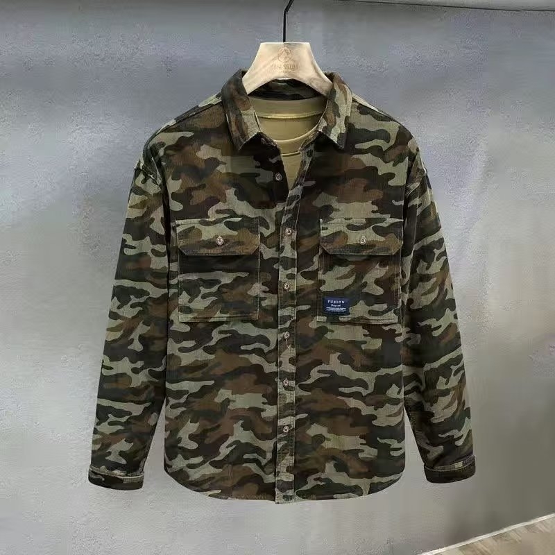 Ανδρικό πουκάμισο καμουφλάζ από corduroy, μακριά μανίκια, casual outdoor στρατιωτικό στυλ με διπλές τσέπες