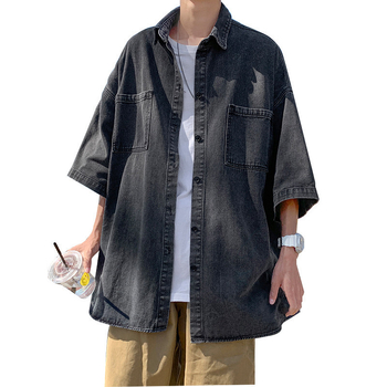 Denim muška košulja s 7/8 rukavom, lagani ljetni kroj, urbana stil Hong Kong/Japanska inspiracija