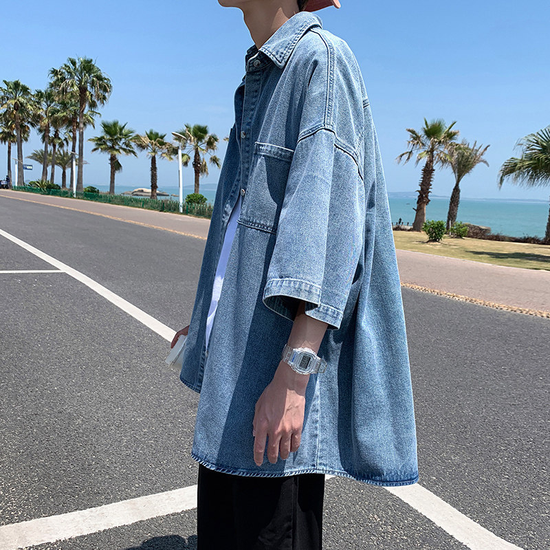 Denim muška košulja s 7/8 rukavom, lagani ljetni kroj, urbana stil Hong Kong/Japanska inspiracija