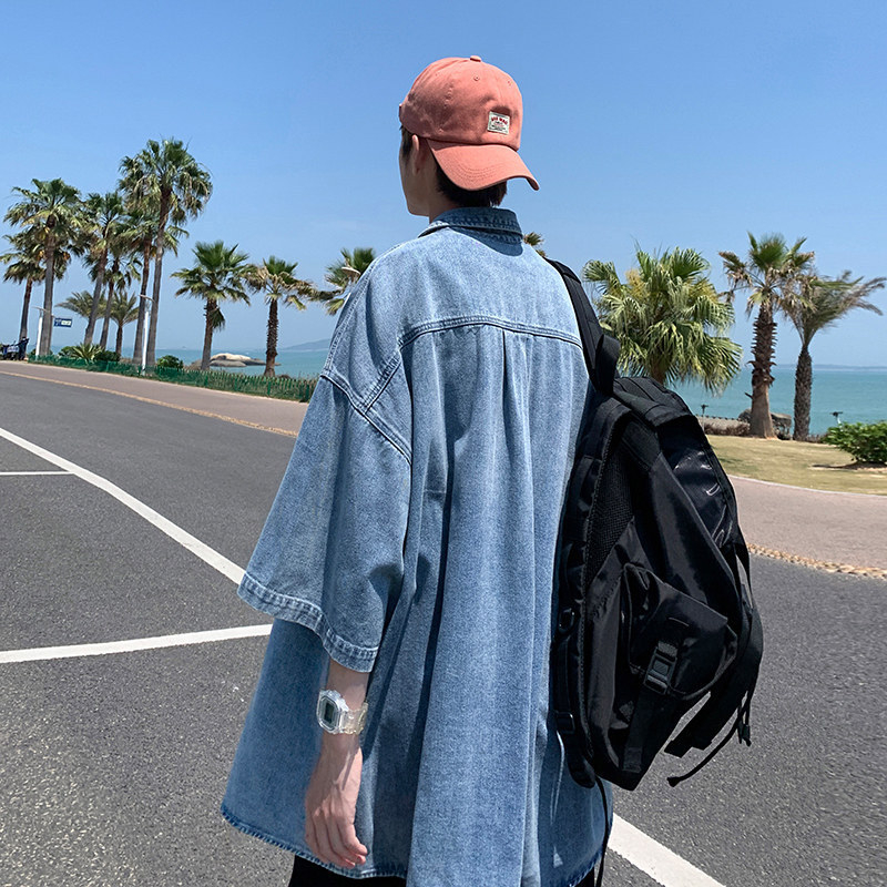 Denim muška košulja s 7/8 rukavom, lagani ljetni kroj, urbana stil Hong Kong/Japanska inspiracija
