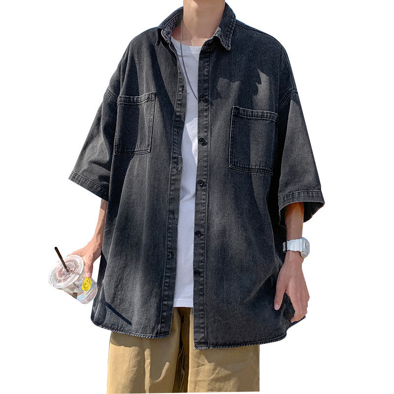 Denim muška košulja s 7/8 rukavom, lagani ljetni kroj, urbana stil Hong Kong/Japanska inspiracija