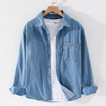 Plava lagana denim košulja s dugim rukavima za muškarce, jesenski stil, hongkonški dizajn, svakodnevna košulja
