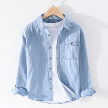 Plava lagana denim košulja s dugim rukavima za muškarce, jesenski stil, hongkonški dizajn, svakodnevna košulja