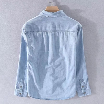 Plava lagana denim košulja s dugim rukavima za muškarce, jesenski stil, hongkonški dizajn, svakodnevna košulja