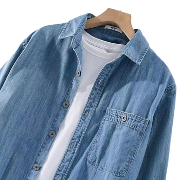 Plava lagana denim košulja s dugim rukavima za muškarce, jesenski stil, hongkonški dizajn, svakodnevna košulja