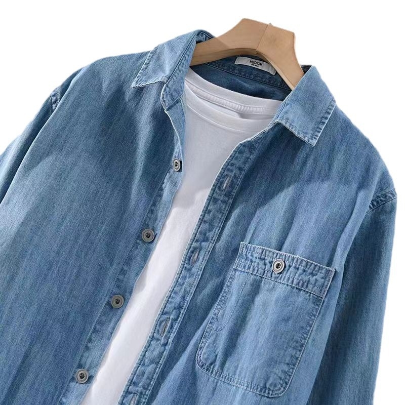 Plava lagana denim košulja s dugim rukavima za muškarce, jesenski stil, hongkonški dizajn, svakodnevna košulja
