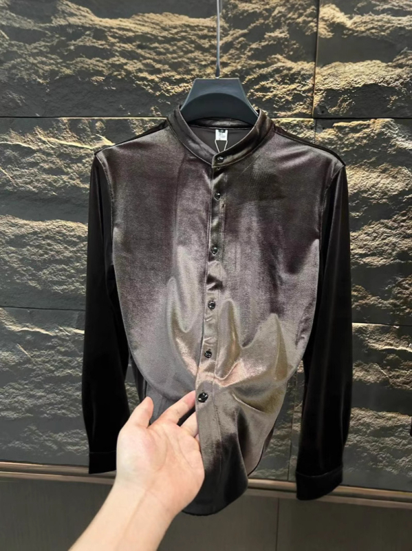 Nova muška košulja od zlatnog baršuna, slim-fit, poslovno-ugodni stil, dugi rukav, jednobojna, lagani luksuz