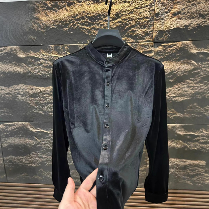 Nova muška košulja od zlatnog baršuna, slim-fit, poslovno-ugodni stil, dugi rukav, jednobojna, lagani luksuz
