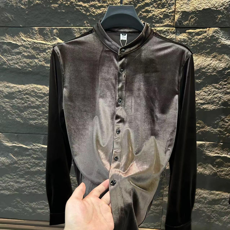 Nova muška košulja od zlatnog baršuna, slim-fit, poslovno-ugodni stil, dugi rukav, jednobojna, lagani luksuz
