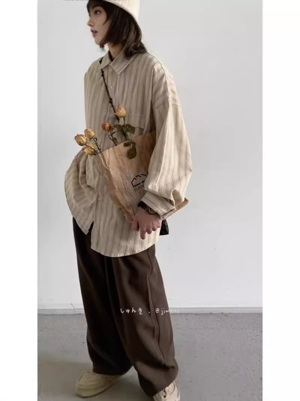 cityboy Proljeće–Jesensko japanskog stila vintage Corduroy košulja s finim prugama, unisex, široki kroj, casual