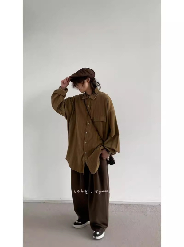 cityboy Proljeće–Jesensko japanskog stila vintage Corduroy košulja s finim prugama, unisex, široki kroj, casual