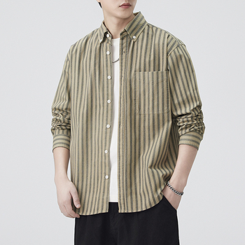 Férfi csíkos ing, japán retro workwear stílus, lazán szabott, mindennapi viselet, ősz 2025