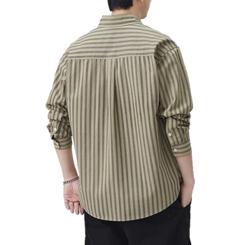 Férfi csíkos ing, japán retro workwear stílus, lazán szabott, mindennapi viselet, ősz 2025