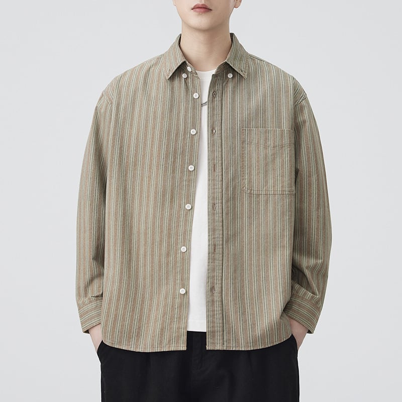 Férfi csíkos ing, japán retro workwear stílus, lazán szabott, mindennapi viselet, ősz 2025