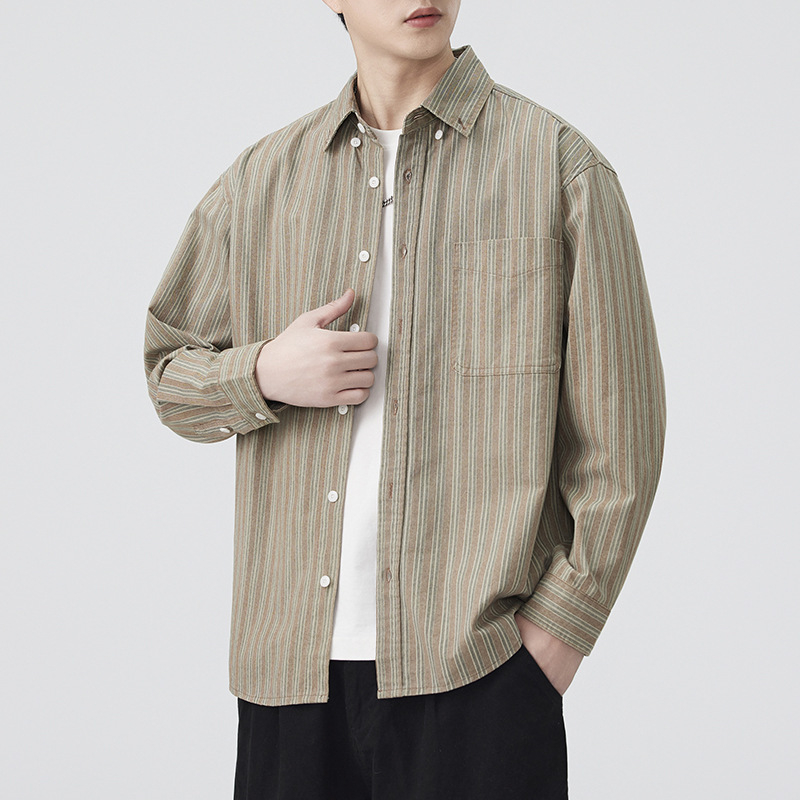 Férfi csíkos ing, japán retro workwear stílus, lazán szabott, mindennapi viselet, ősz 2025