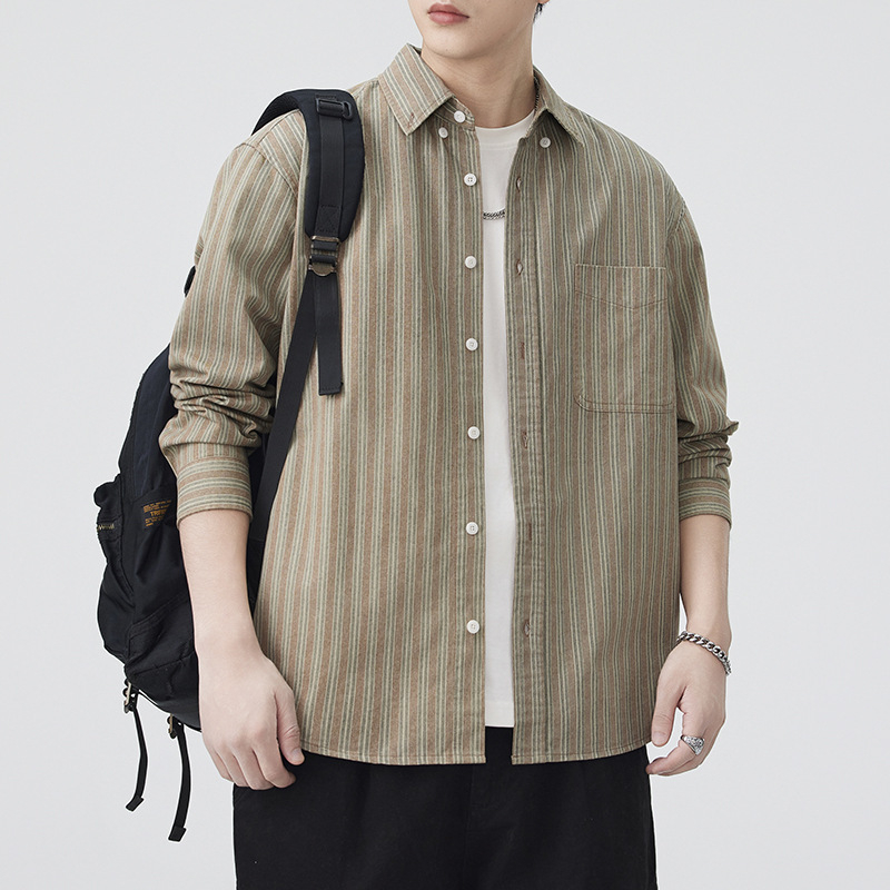 Férfi csíkos ing, japán retro workwear stílus, lazán szabott, mindennapi viselet, ősz 2025
