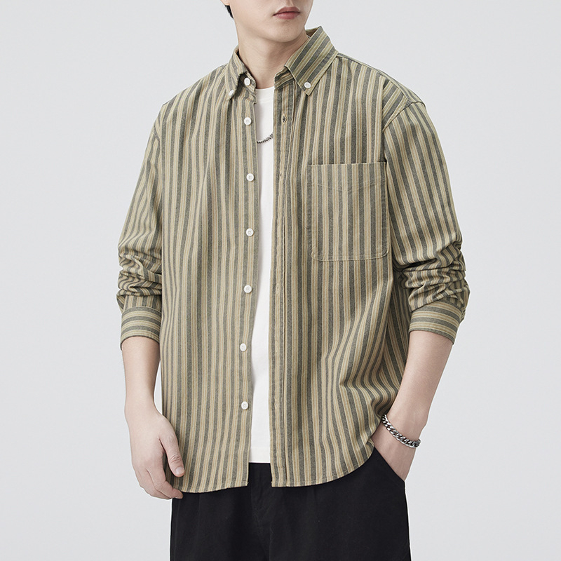 Férfi csíkos ing, japán retro workwear stílus, lazán szabott, mindennapi viselet, ősz 2025