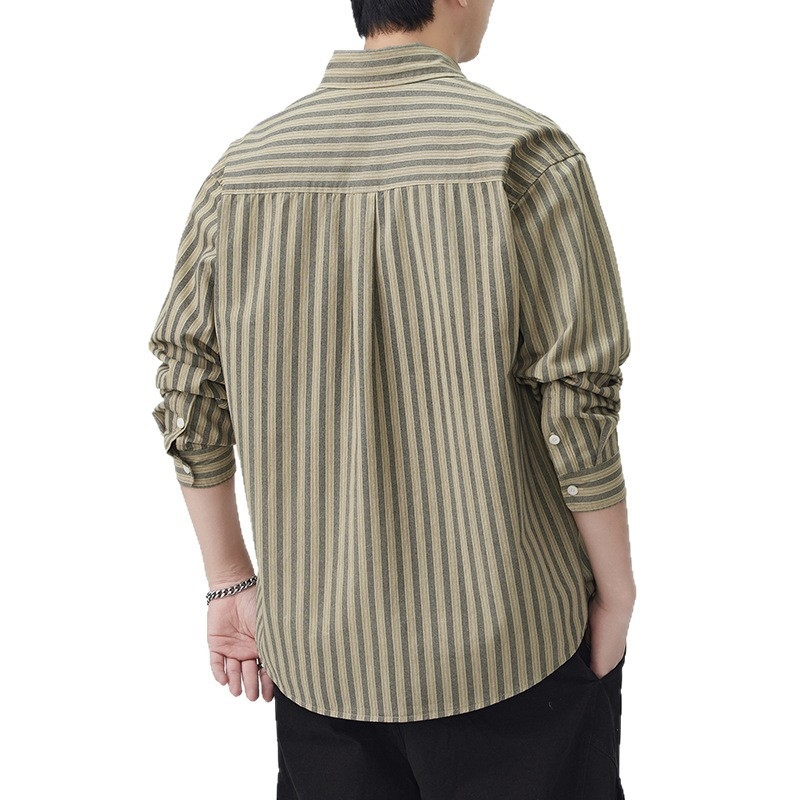 Férfi csíkos ing, japán retro workwear stílus, lazán szabott, mindennapi viselet, ősz 2025