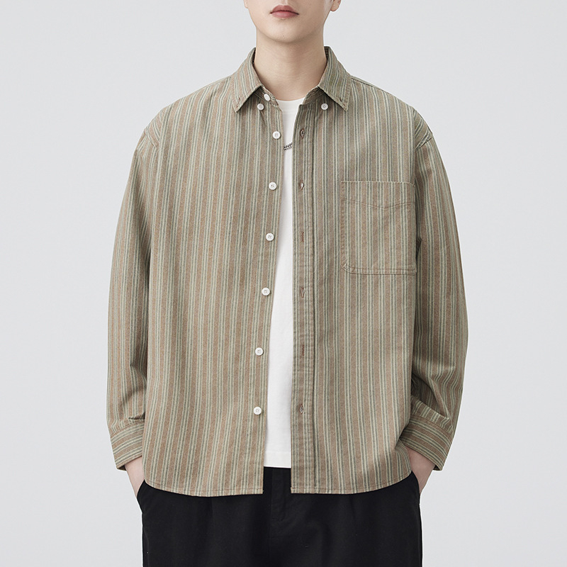 Férfi csíkos ing, japán retro workwear stílus, lazán szabott, mindennapi viselet, ősz 2025