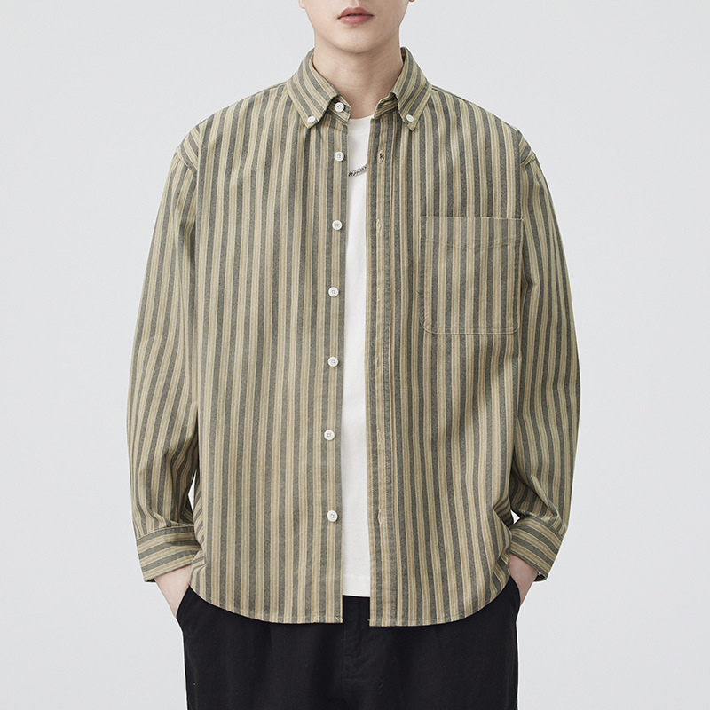 Férfi csíkos ing, japán retro workwear stílus, lazán szabott, mindennapi viselet, ősz 2025