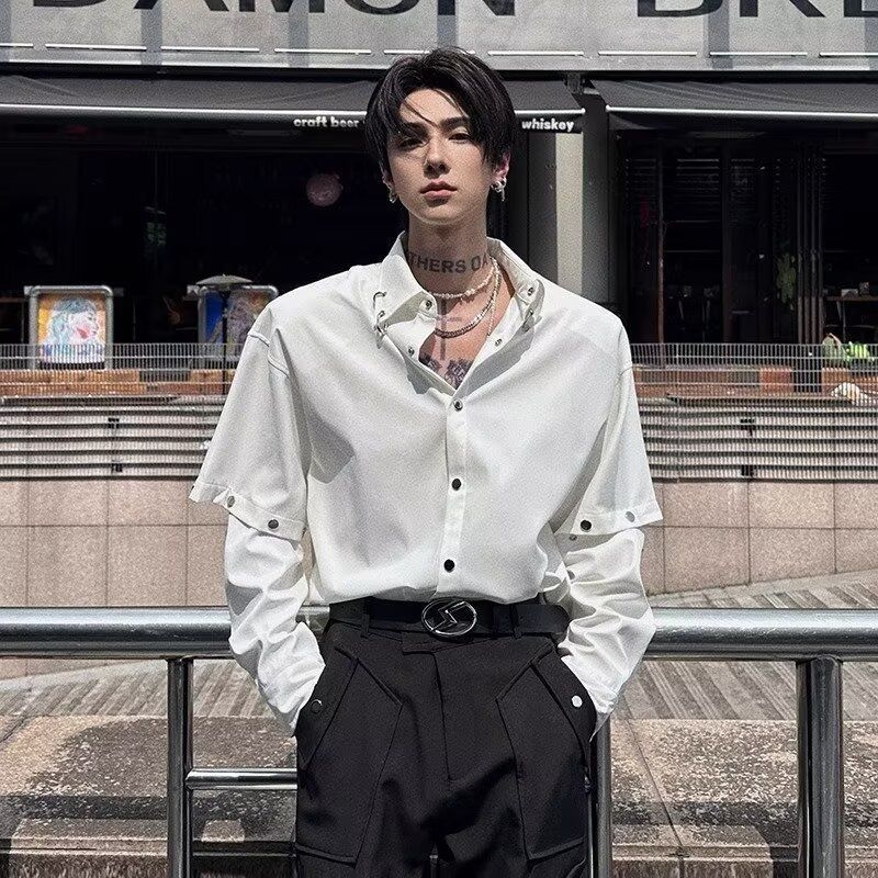 Crna muška košulja s dugim rukavima, odvojivi rukavi, streetwear stil