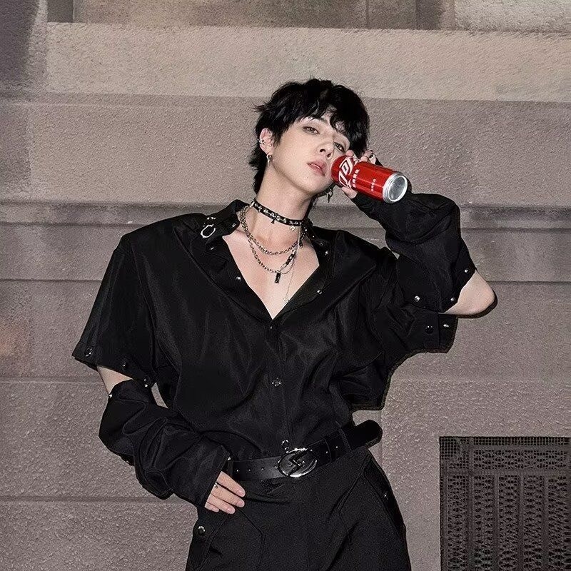 Crna muška košulja s dugim rukavima, odvojivi rukavi, streetwear stil