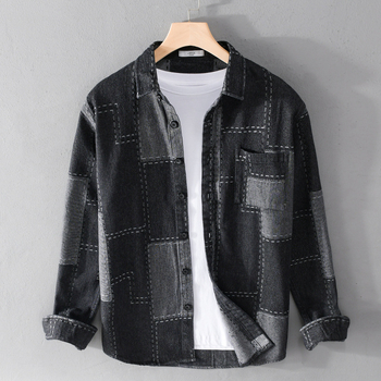 Férfi denim ing, hosszú ujjú, 100% pamut, lazán szabott, japán stílusú mindennapi viselésre