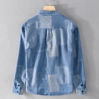 Férfi denim ing, hosszú ujjú, 100% pamut, lazán szabott, japán stílusú mindennapi viselésre