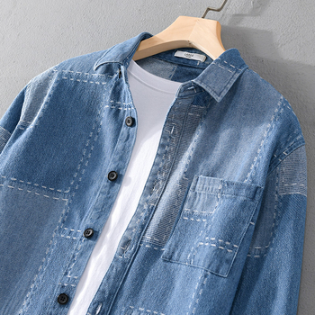 Férfi denim ing, hosszú ujjú, 100% pamut, lazán szabott, japán stílusú mindennapi viselésre
